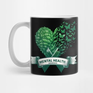 Mental Health Awareness Green Nature Heart Butterflies Ribbon Mug